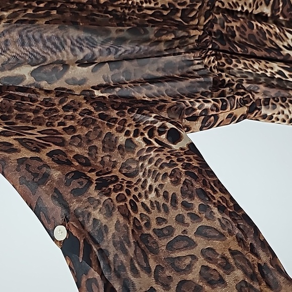 Sheer Leopard Print Shirt Dress Tunic w Button Front & Drawstring Waist - Picture 5 of 17